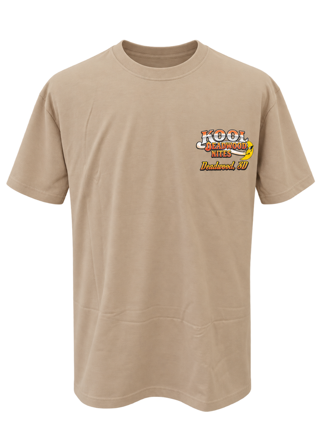 front view of Kool Deadwood Nites non-dated Flame Hot Rod tan T-shirt