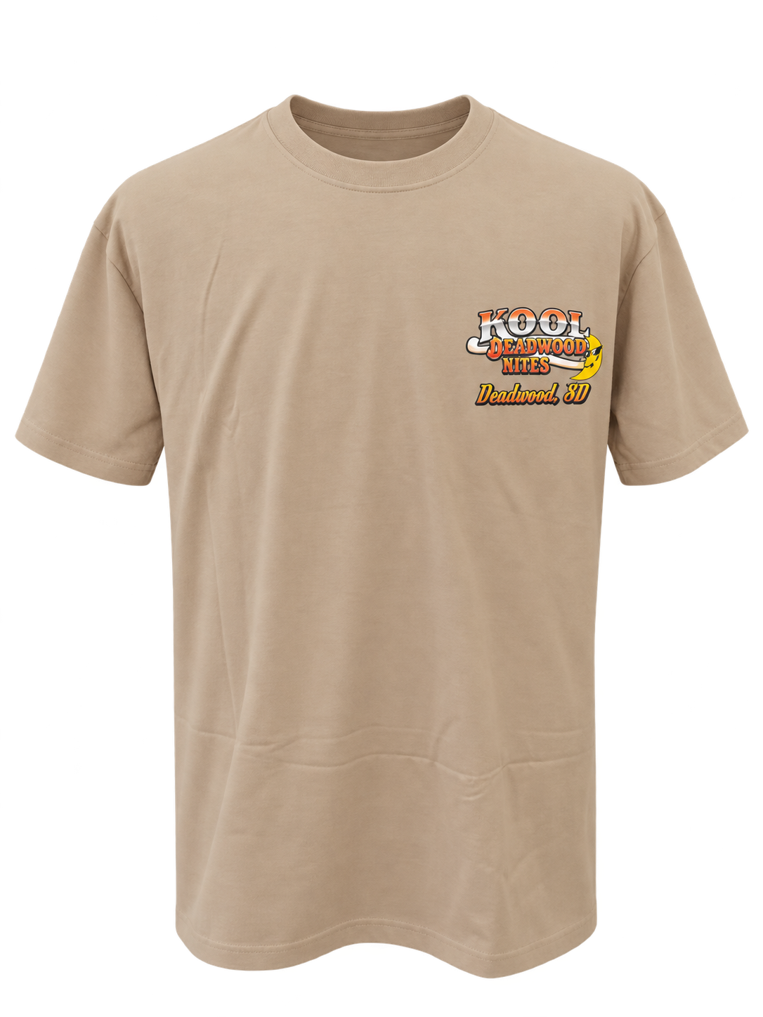 front view of Kool Deadwood Nites non-dated Flame Hot Rod tan T-shirt
