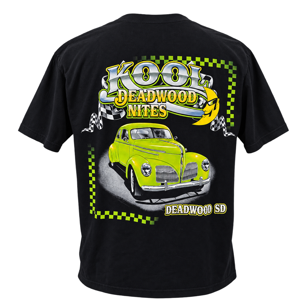 back view of Kool Deadwood Nites Green Hot Rod non-dated black T-shirt