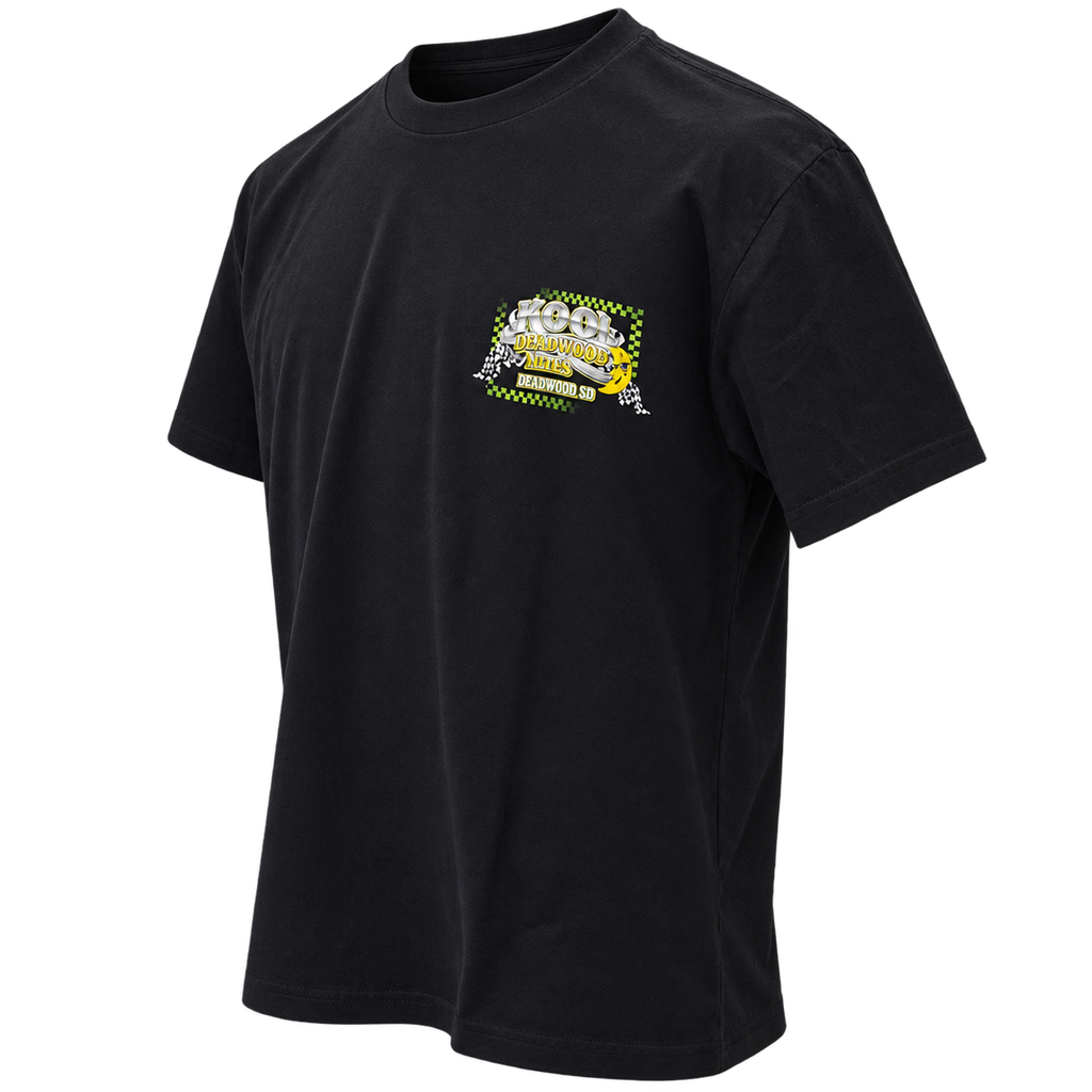 front-angle view of Kool Deadwood Nites Green Hot Rod non-dated black T-shirt