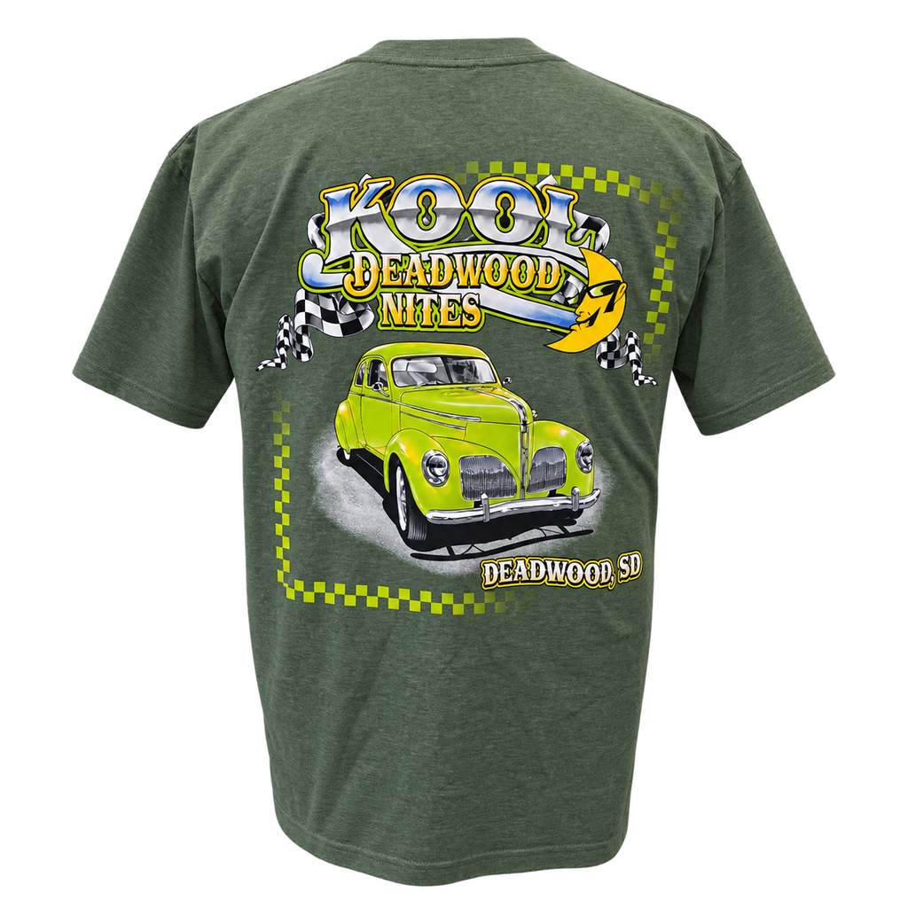 back view of Kool Deadwood Nites Green Hot Rod non-dated heather green T-shirt