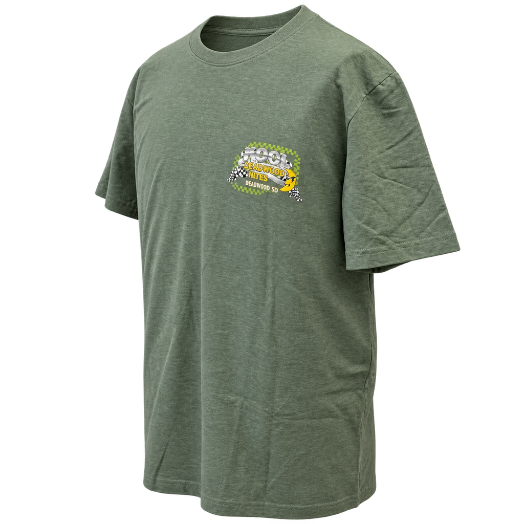 front-angle view of Kool Deadwood Nites Green Hot Rod non-dated heather green T-shirt