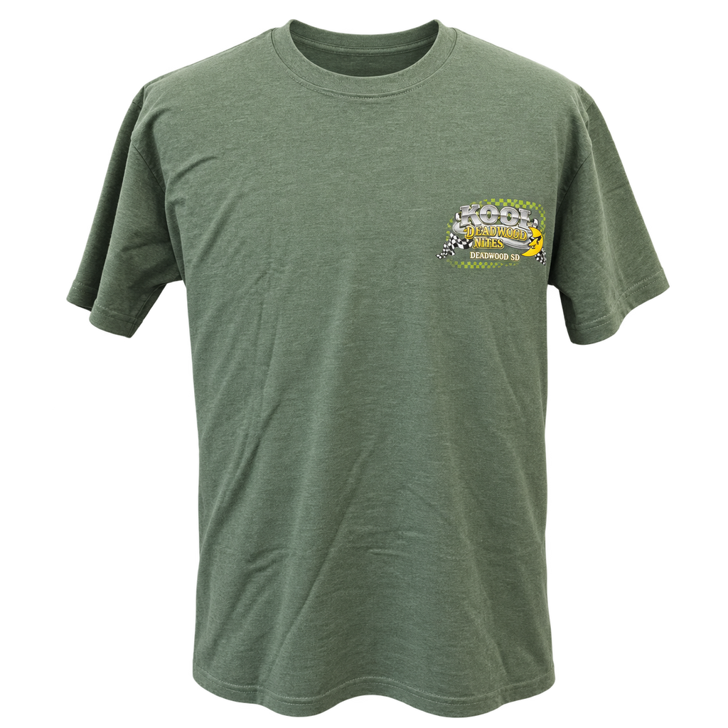 front view of Kool Deadwood Nites Green Hot Rod non-dated heather green T-shirt