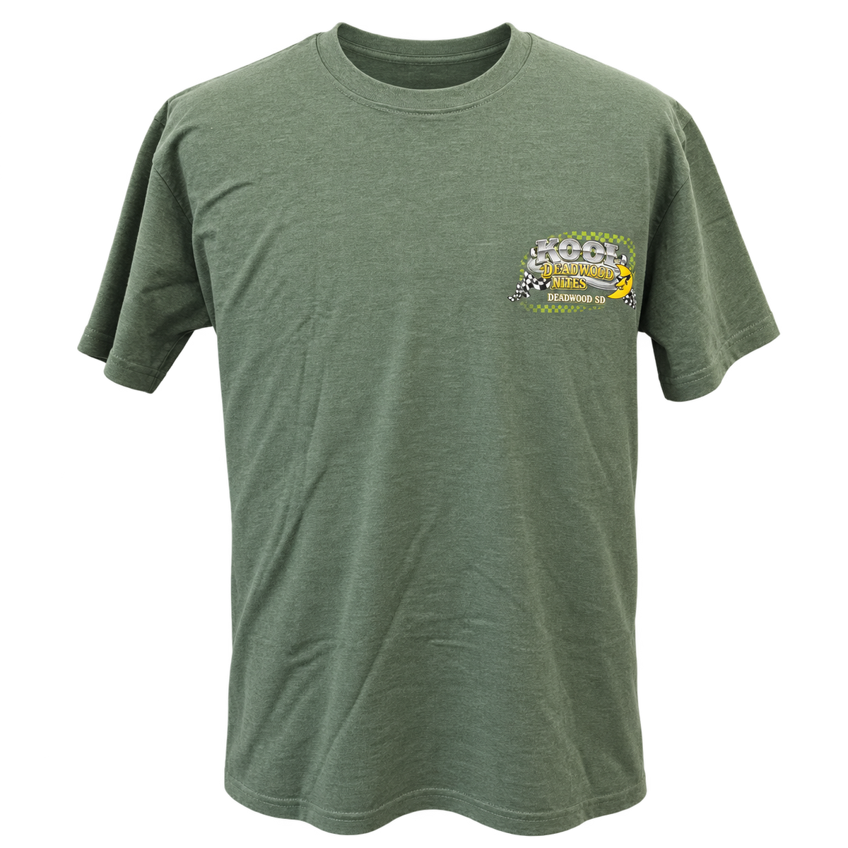 front view of Kool Deadwood Nites Green Hot Rod non-dated heather green T-shirt
