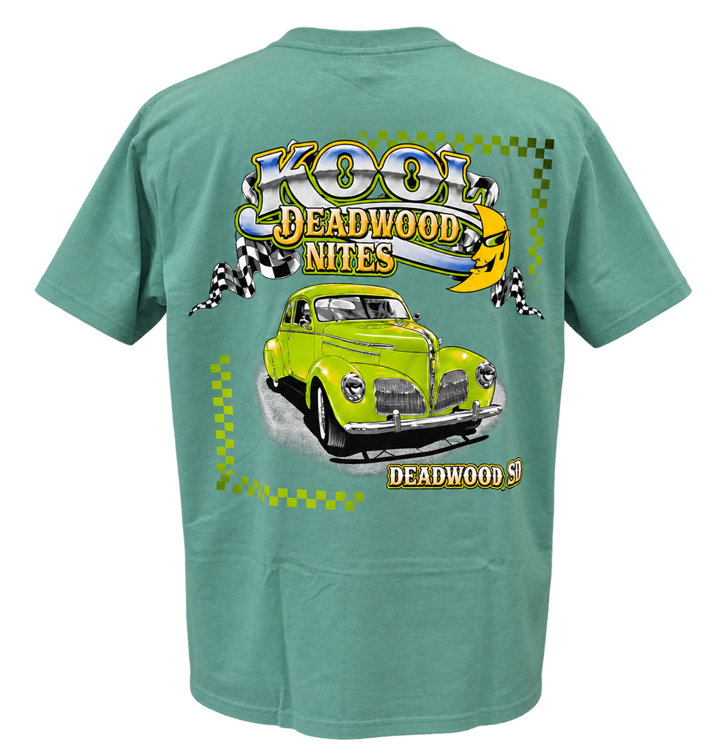 back view of Kool Deadwood Nites non-dated Green Hot Rod seafoam T-shirt