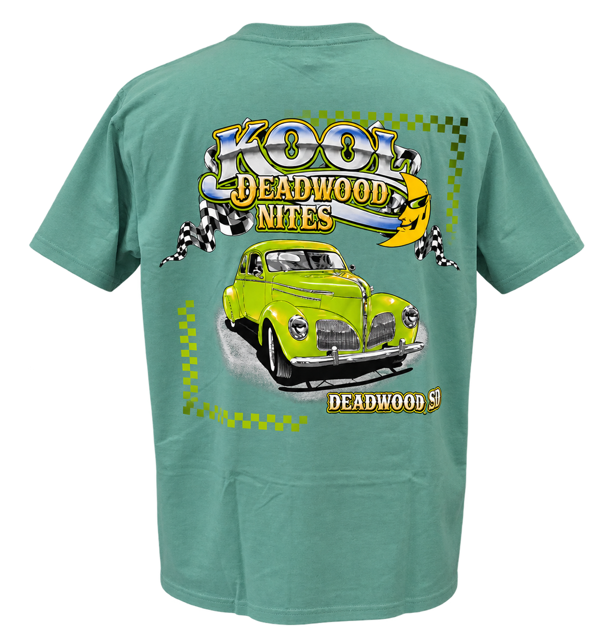 back view of Kool Deadwood Nites non-dated Green Hot Rod seafoam T-shirt