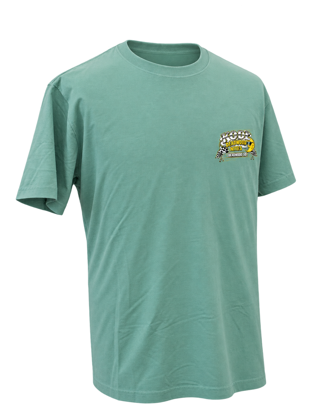 front-angle-other view of Kool Deadwood Nites non-dated Green Hot Rod seafoam T-shirt