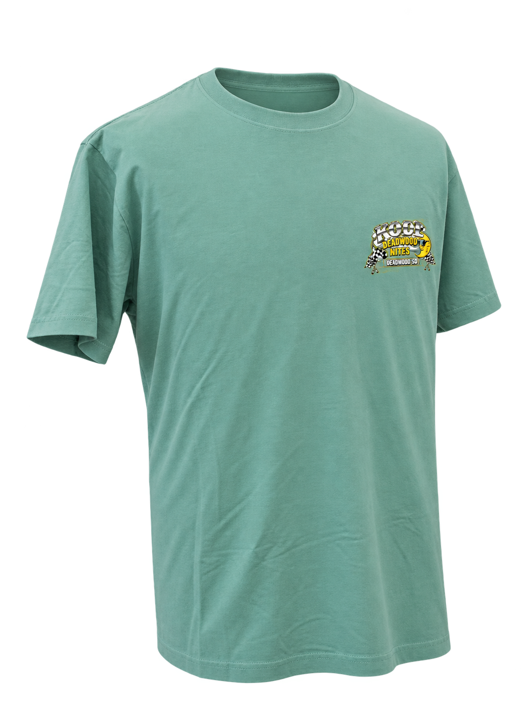front-angle-other view of Kool Deadwood Nites non-dated Green Hot Rod seafoam T-shirt