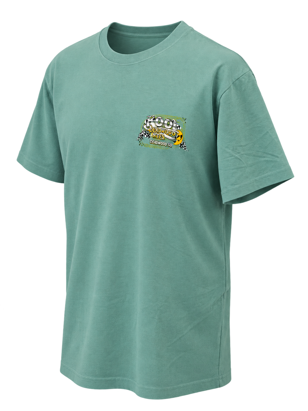 front-angle view of Kool Deadwood Nites non-dated Green Hot Rod seafoam T-shirt