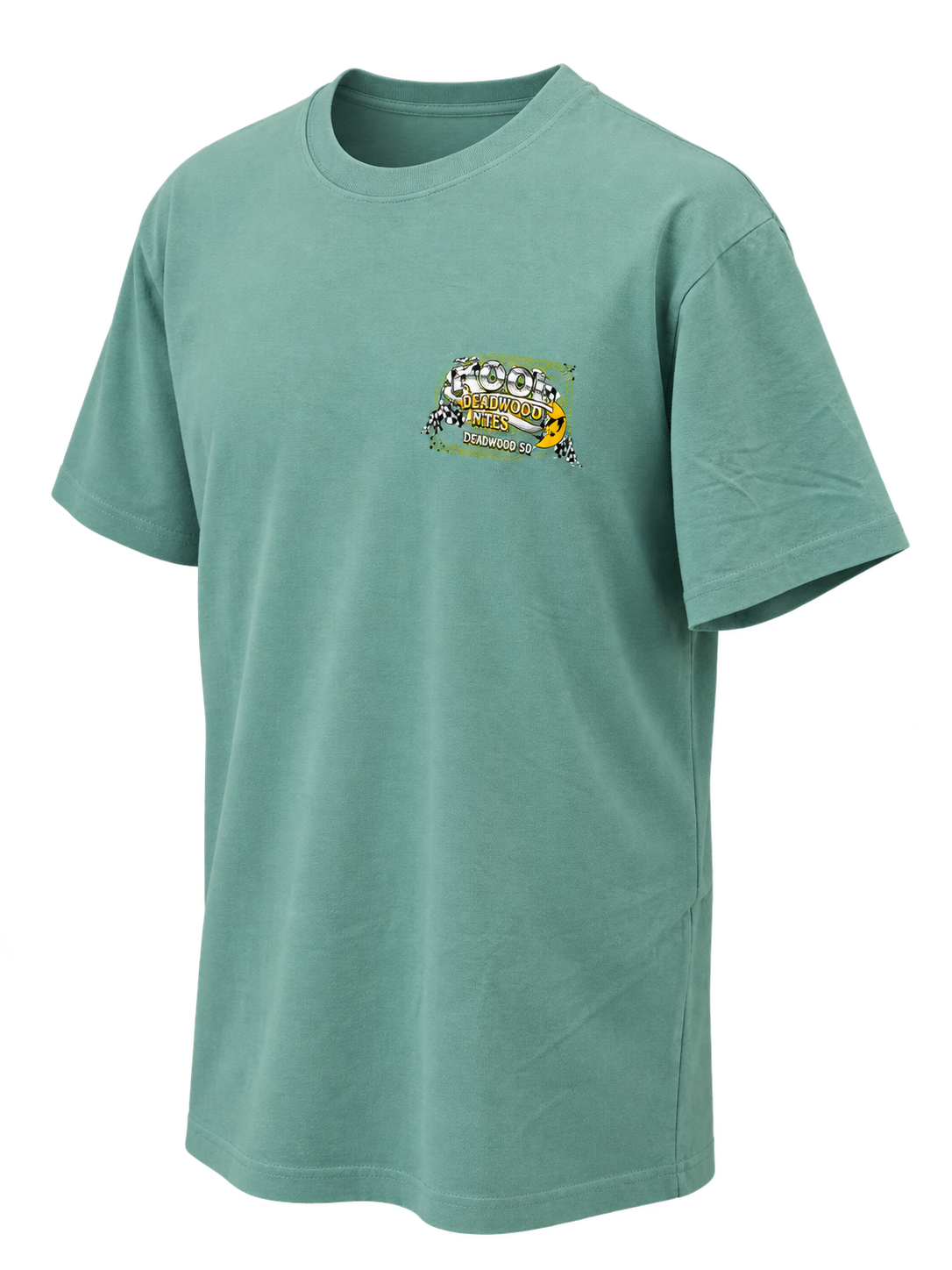 front-angle view of Kool Deadwood Nites non-dated Green Hot Rod seafoam T-shirt