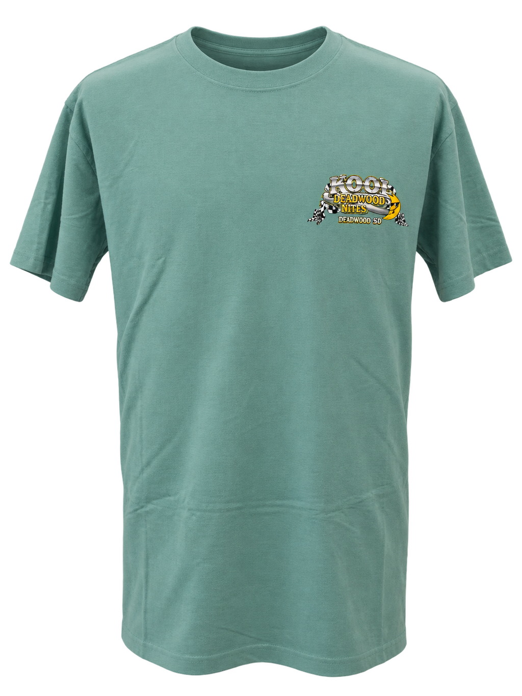 front view of Kool Deadwood Nites non-dated Green Hot Rod seafoam T-shirt