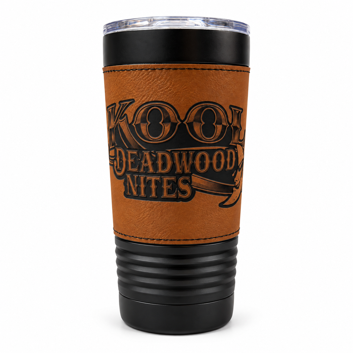 Kool Deadwood Nites brown leatherette-wrapped black tumbler front view