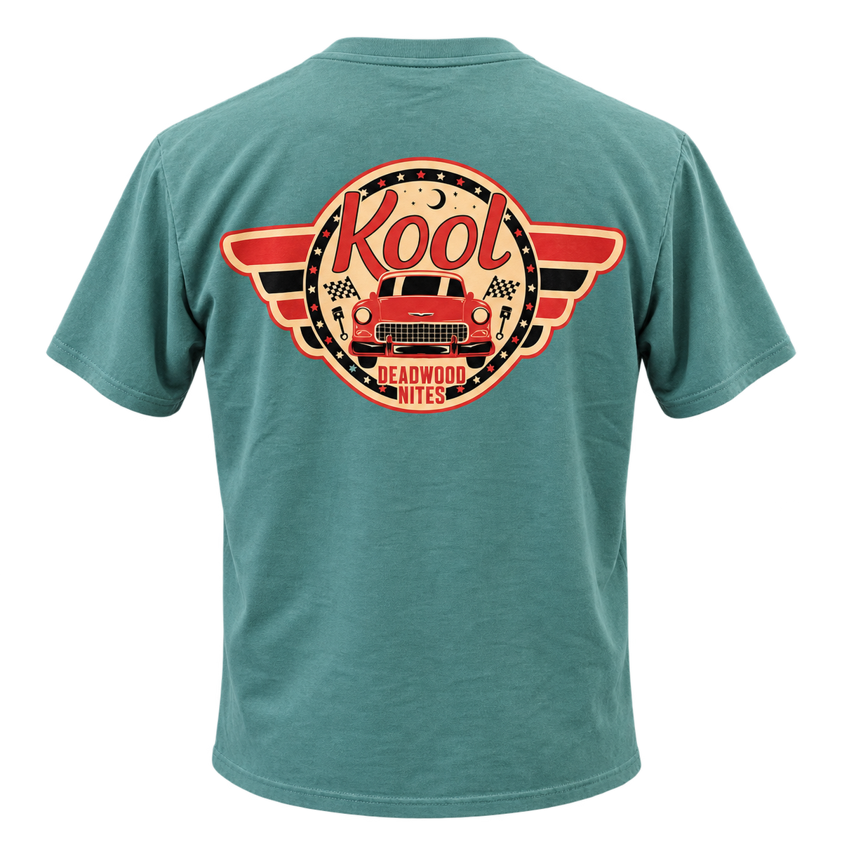 back view of non-dated Kool Deadwood Nites Retro Wings T-Shirt Seafoam
