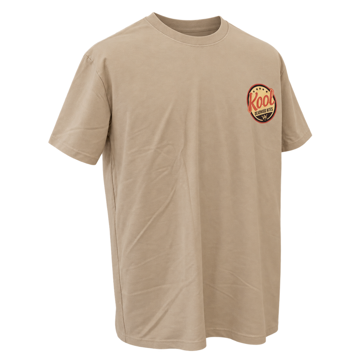 front-angle-1 view of non-dated Kool Deadwood Nites Retro Wings T-Shirt Tan