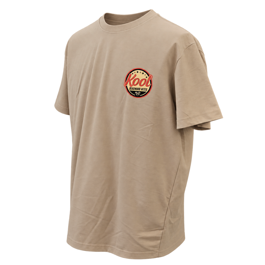 Angled front view of non-dated Kool Deadwood Nites Retro Wings T-Shirt Tan