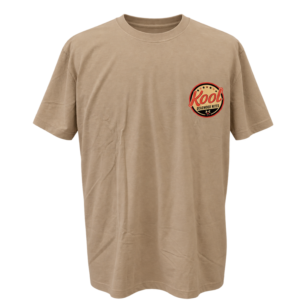 front view of non-dated Kool Deadwood Nites Retro Wings T-Shirt Tan
