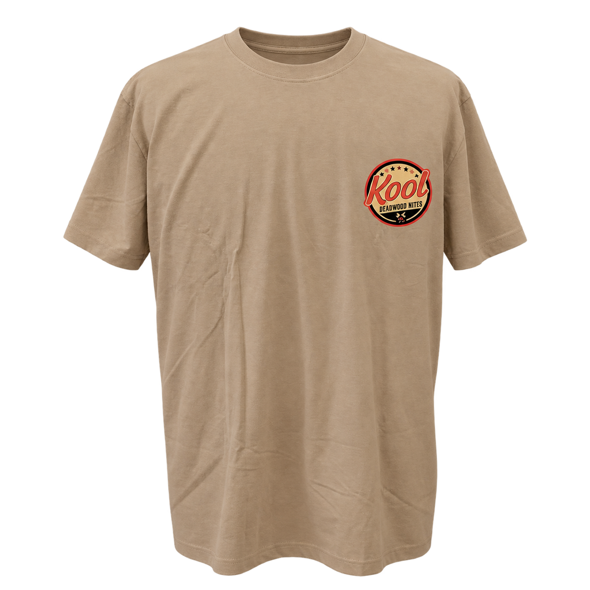 front view of non-dated Kool Deadwood Nites Retro Wings T-Shirt Tan