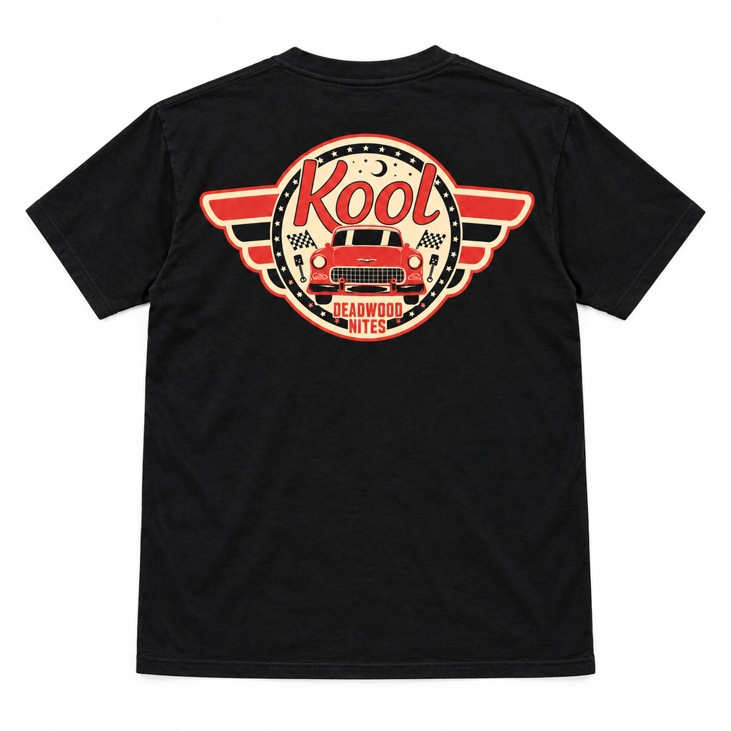 Kool Deadwood Nites Retro Wings Classic Car T-Shirt – Black back view