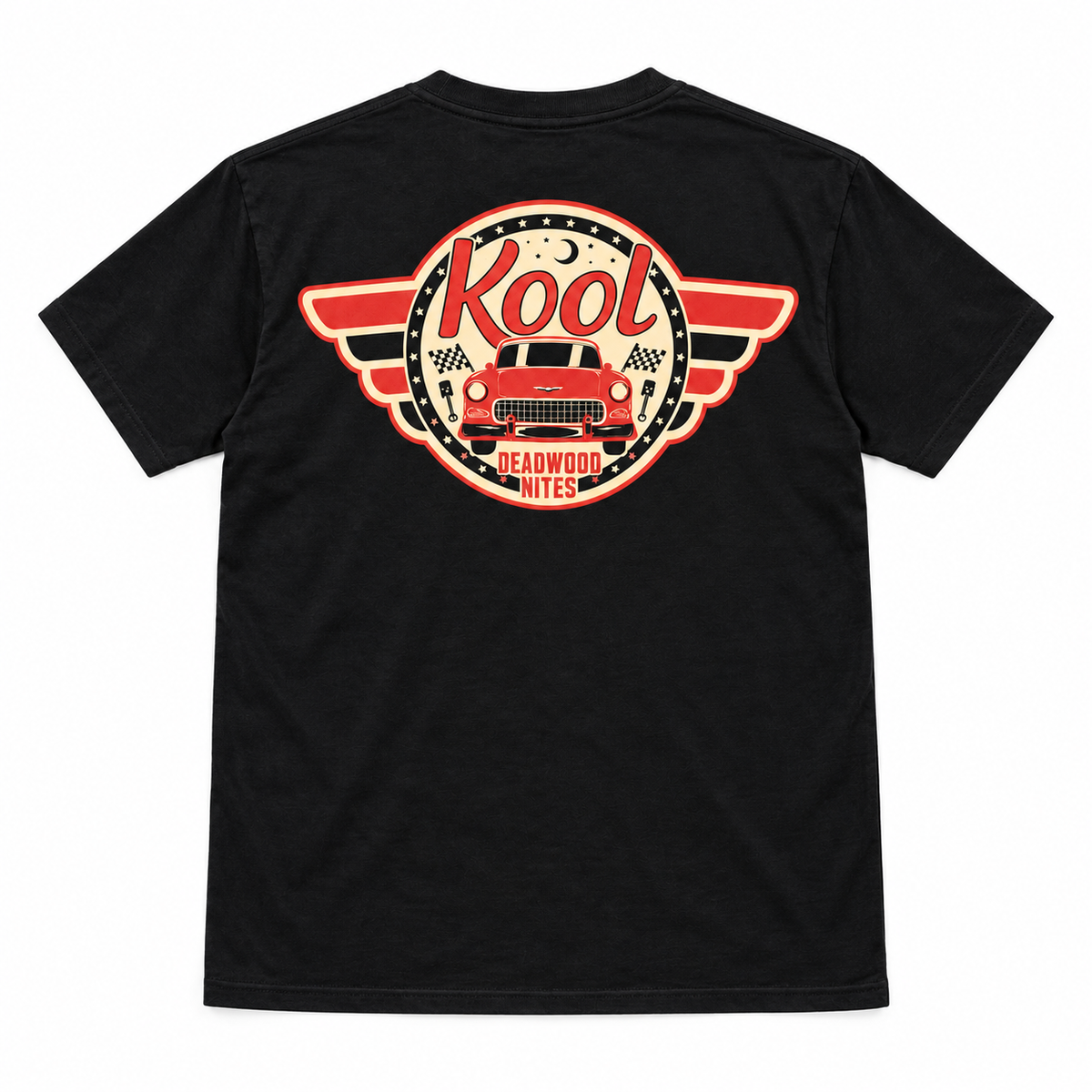 Kool Deadwood Nites Retro Wings Classic Car T-Shirt – Black back view