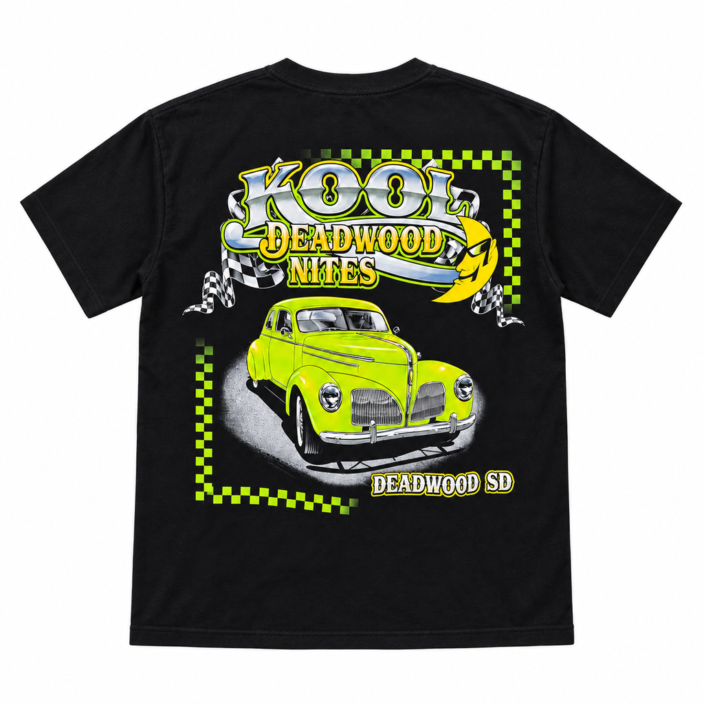 Kool Deadwood Nites Green Hot Rod Classic Car T-Shirt – Black back view