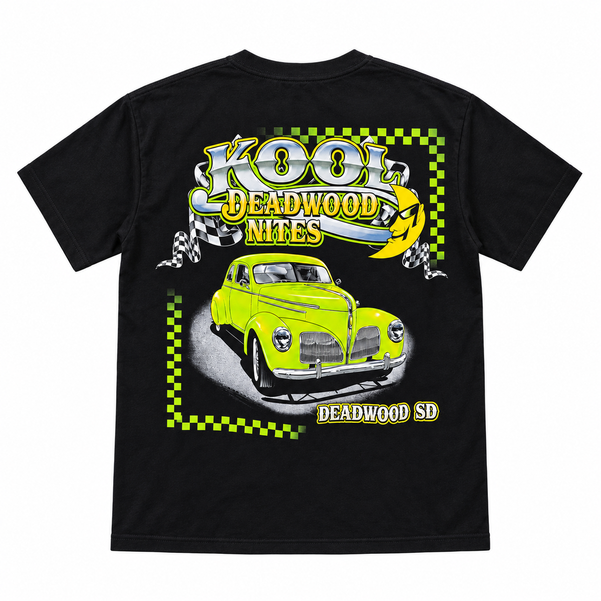 Kool Deadwood Nites Green Hot Rod Classic Car T-Shirt – Black back view