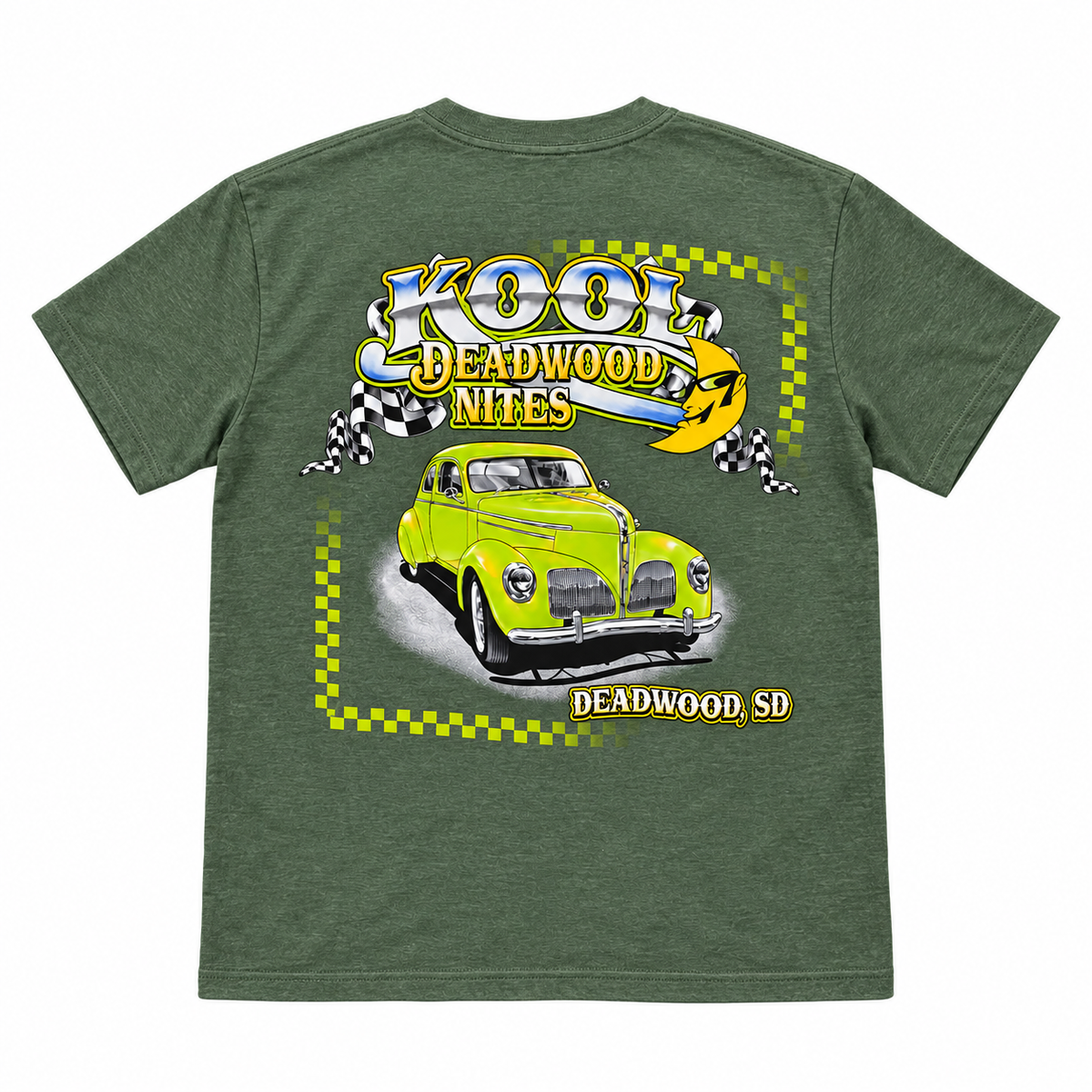 Kool Deadwood Nites Green Hot Rod Classic Car T-Shirt – Heather Green back view