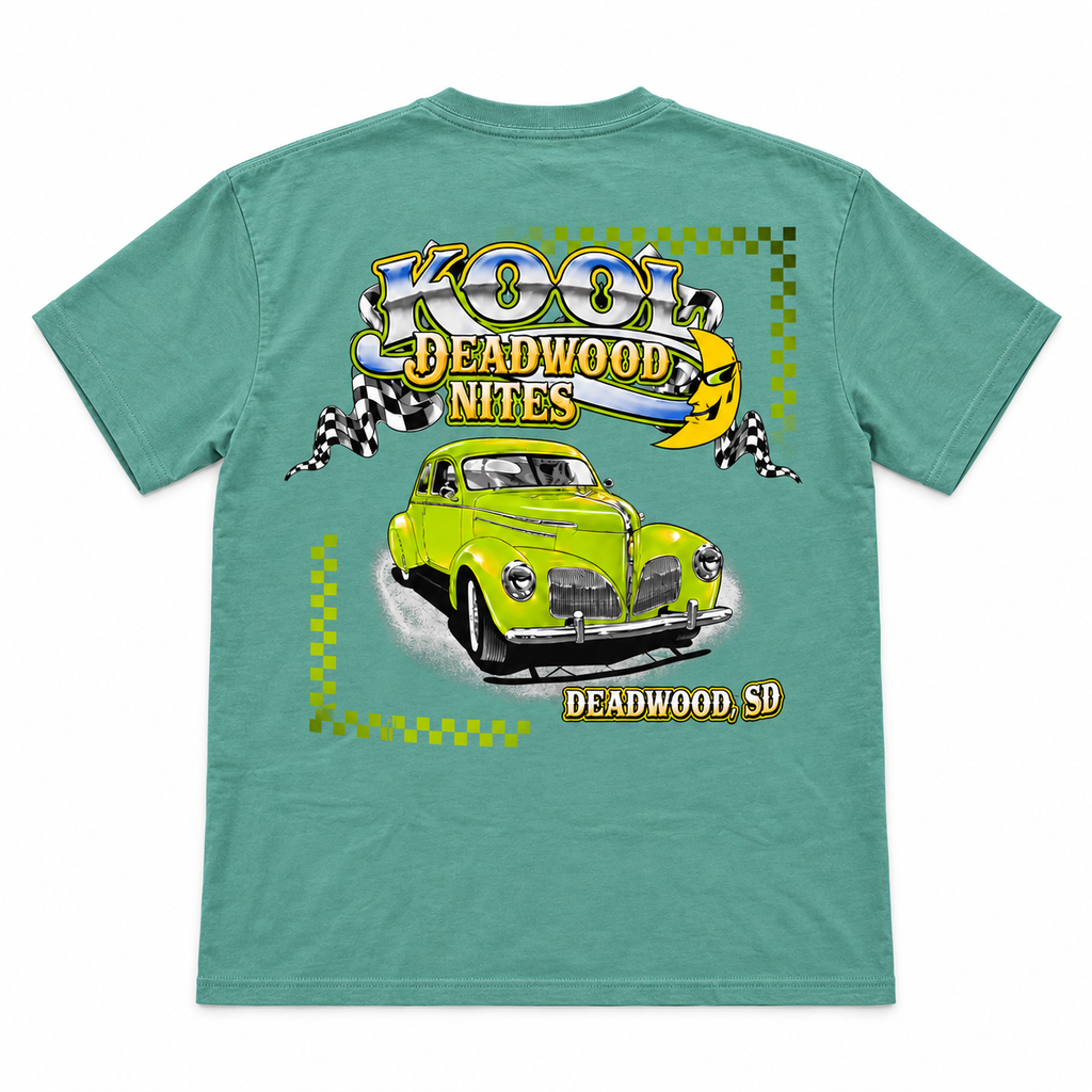 Kool Deadwood Nites Green Hot Rod Classic Car T-Shirt – Seafoam back view