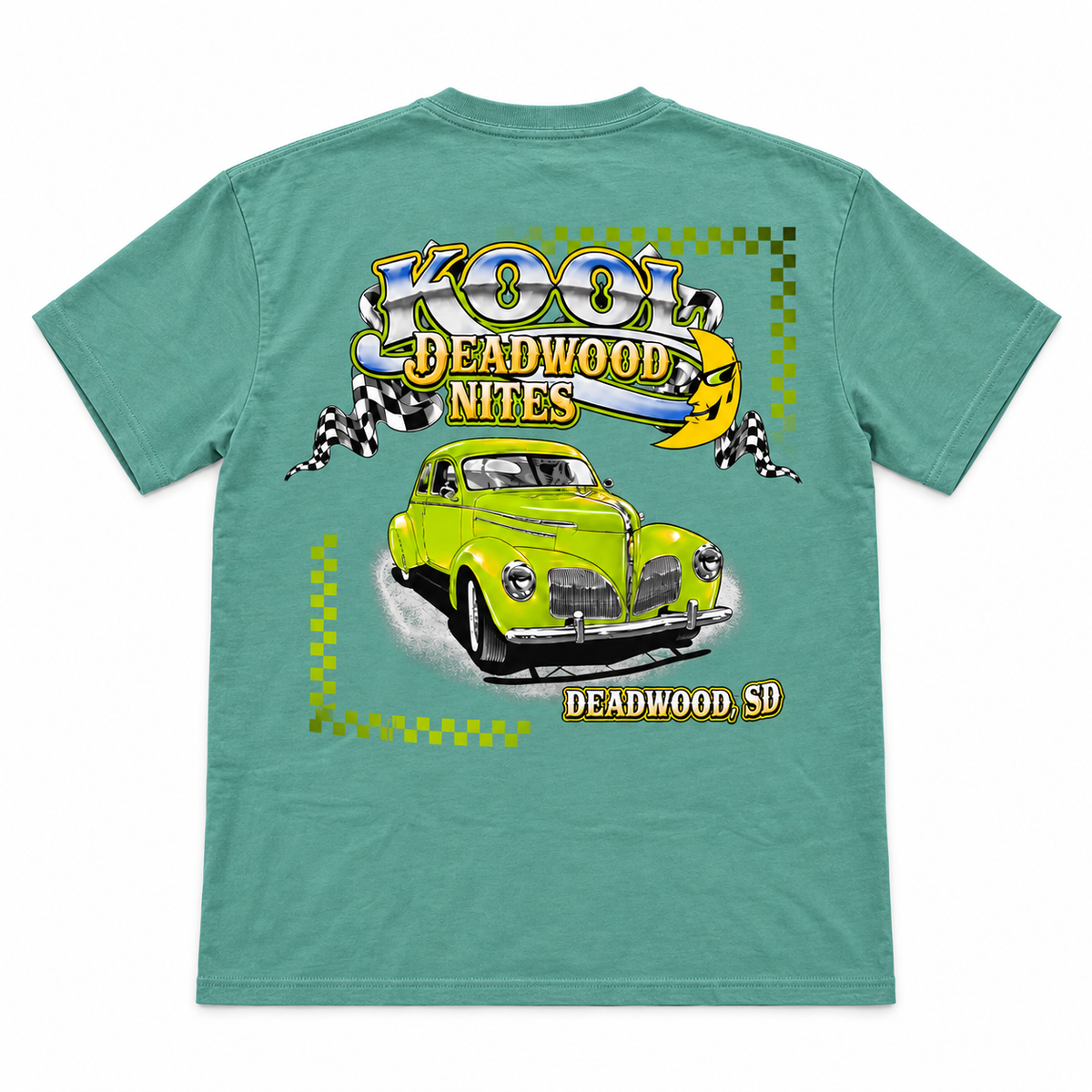 Kool Deadwood Nites Green Hot Rod Classic Car T-Shirt – Seafoam back view