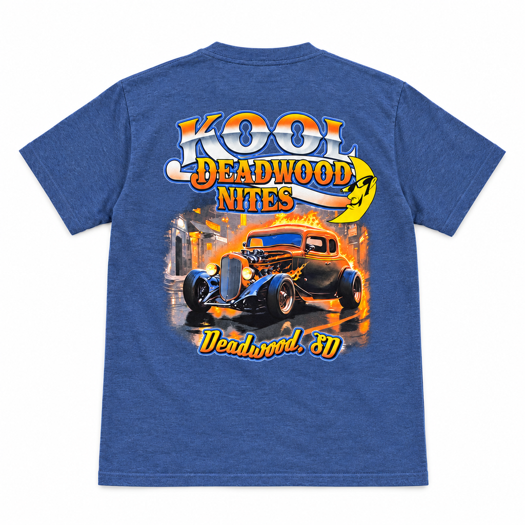 Kool Deadwood Nites Flame Hot Rod Classic Car T-Shirt – Heather Blue back view