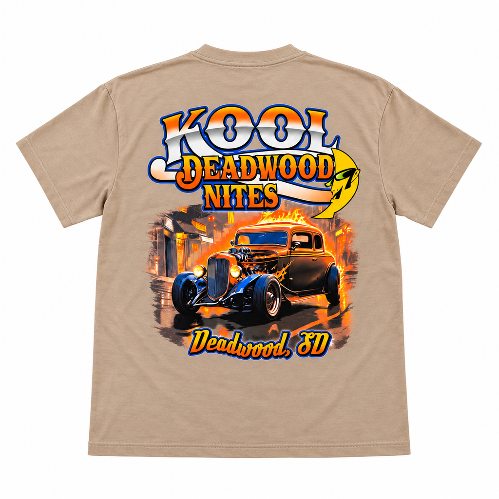 Kool Deadwood Nites Flame Hot Rod Classic Car T-Shirt – Tan back view