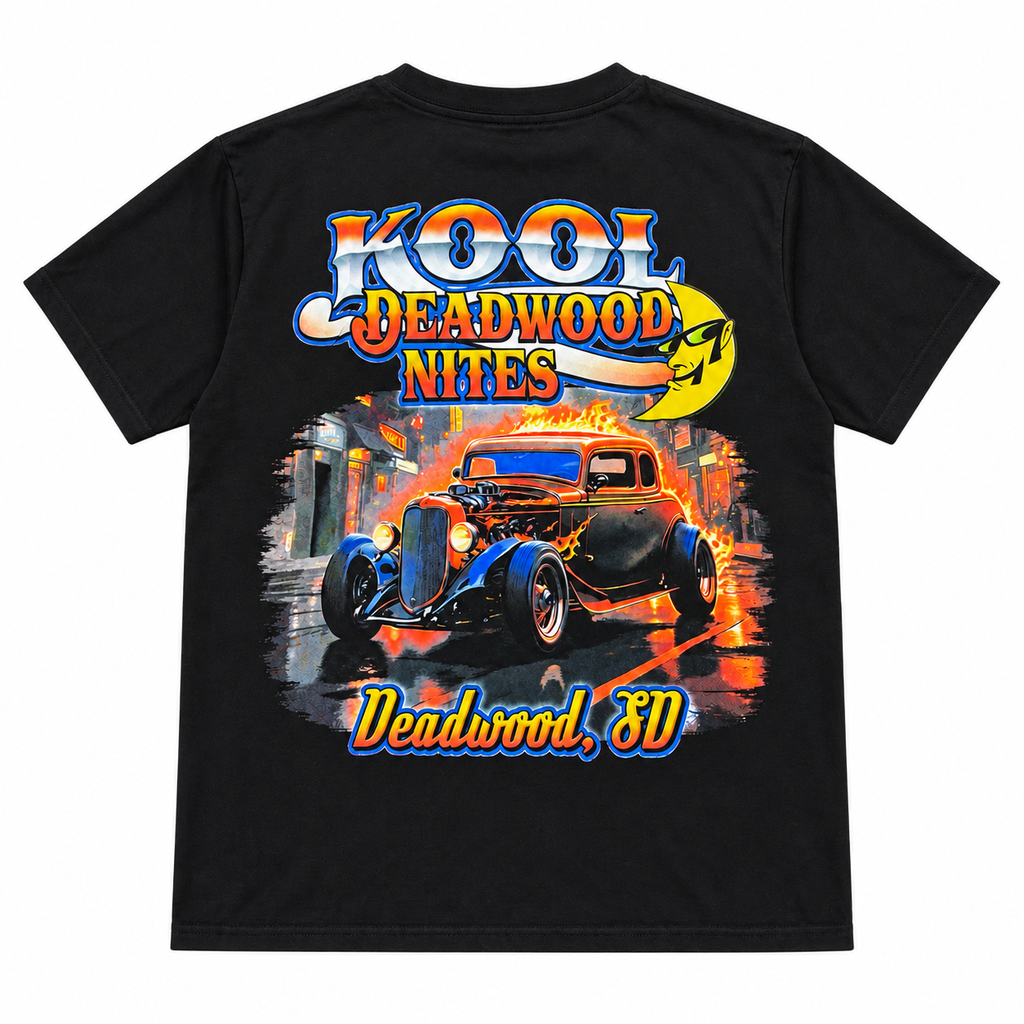 Kool Deadwood Nites Flame Hot Rod Classic Car T-Shirt – Black back view