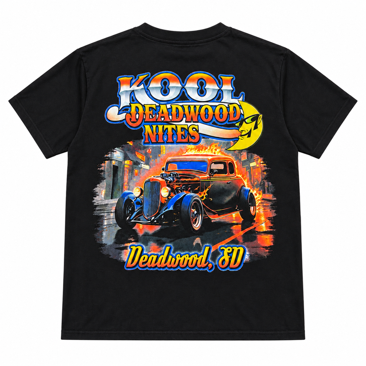 Kool Deadwood Nites Flame Hot Rod Classic Car T-Shirt – Black back view