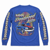 Blue VEGAS KDN long-sleeve shirt, back view with printed sleeves