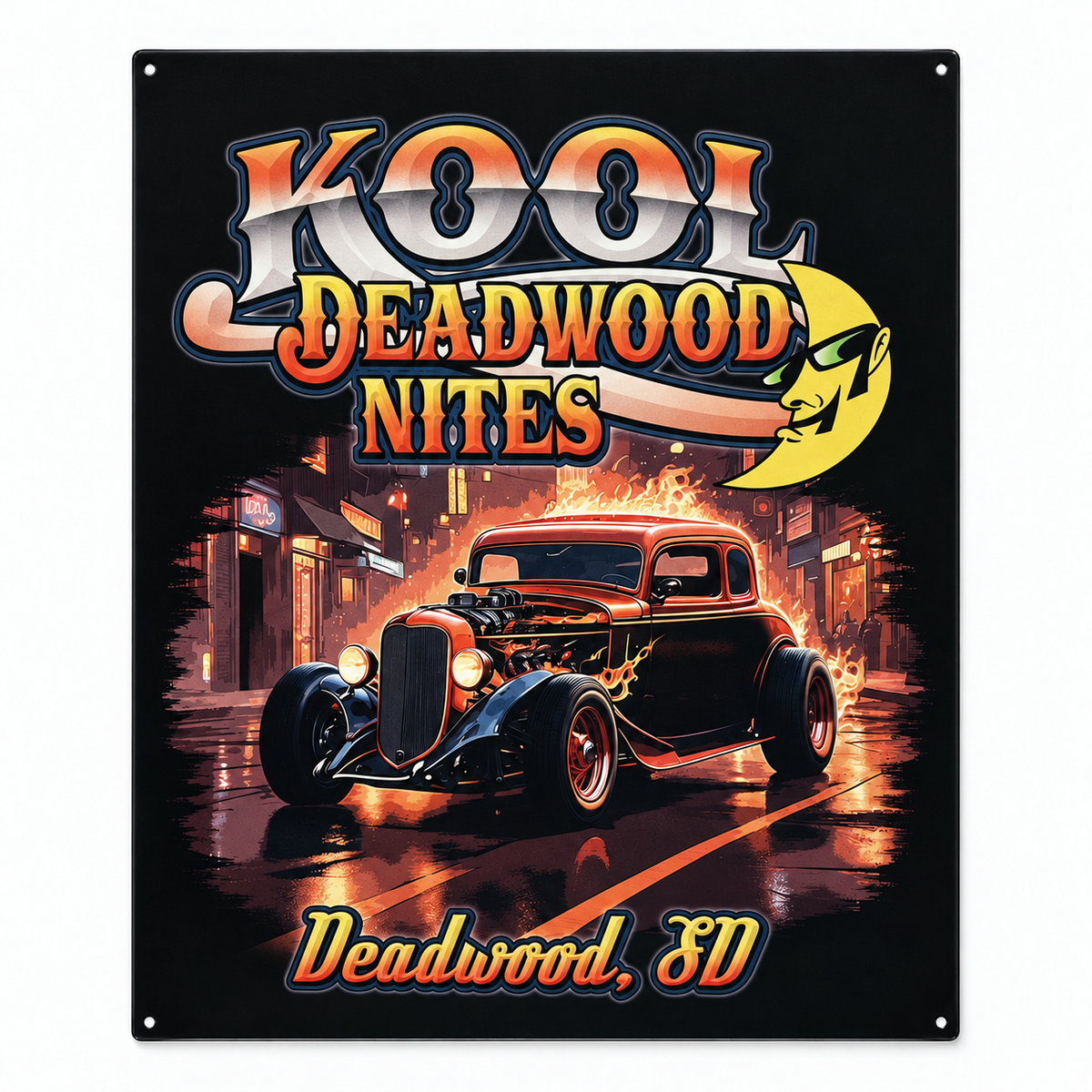 Kool Deadwood Nites hot rod tin metal sign, 12.5 by 16 inches, with four corner hanging holes