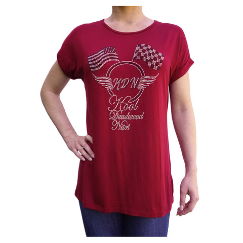 Checkered & American Flag Cuffed-Sleeve Relaxed Women's Burgundy T-Shirt