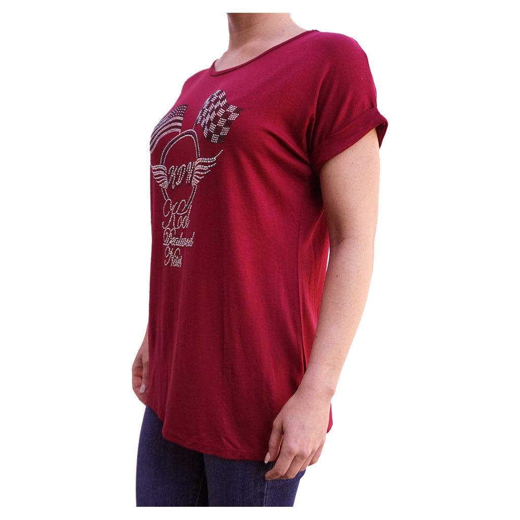 Checkered & American Flag Cuffed-Sleeve Relaxed Women's Burgundy T-Shirt