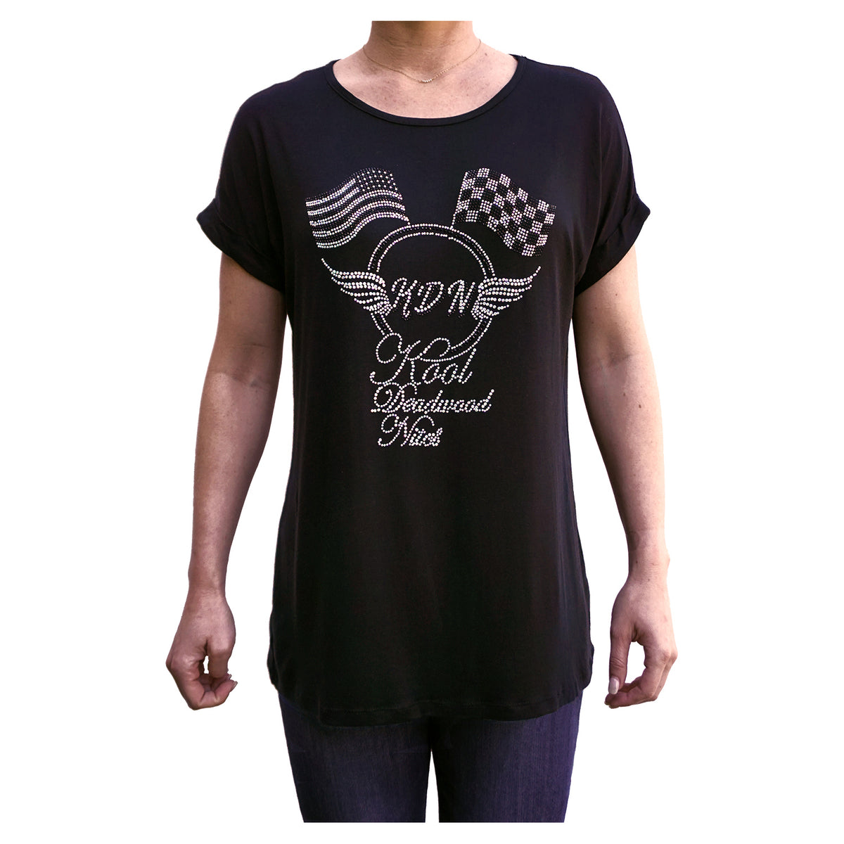 Checkered & American Flag Cuffed-Sleeve Relaxed Women's Black T-Shirt