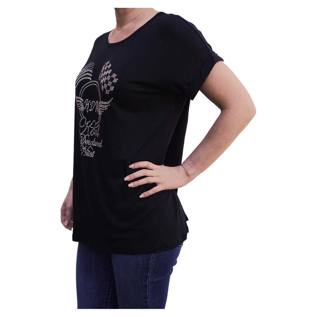 Checkered & American Flag Cuffed-Sleeve Relaxed Women's Black T-Shirt