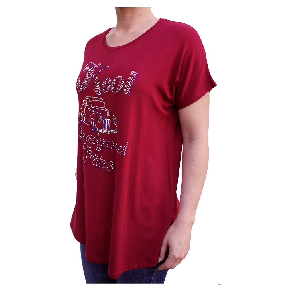 Kool Deadwood Hot Rod Rhinestone Burgundy Oversized Women's Blouse