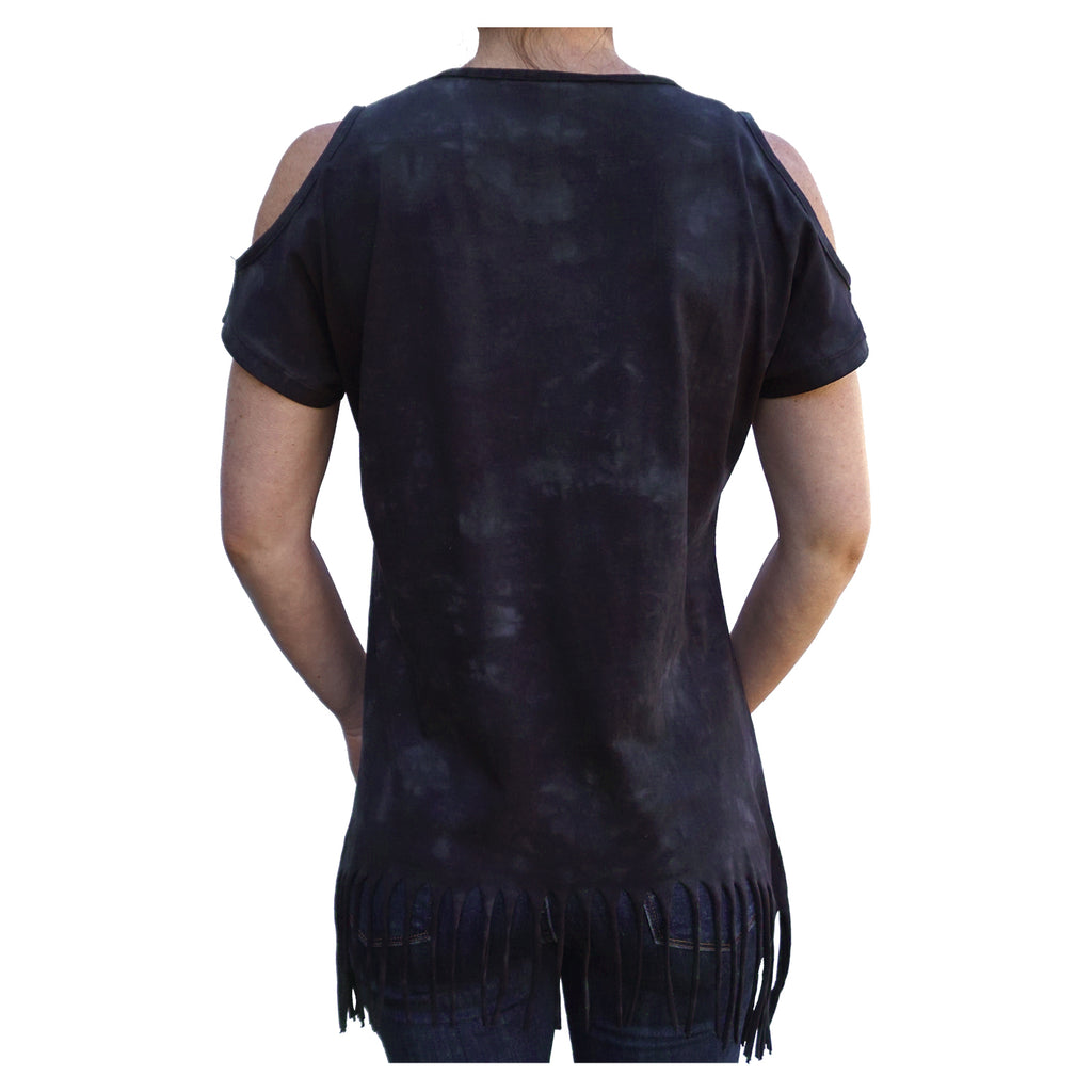 KDN Cascading Burst Midnight Cold Shoulder Fringe Bottom Blouse for Women