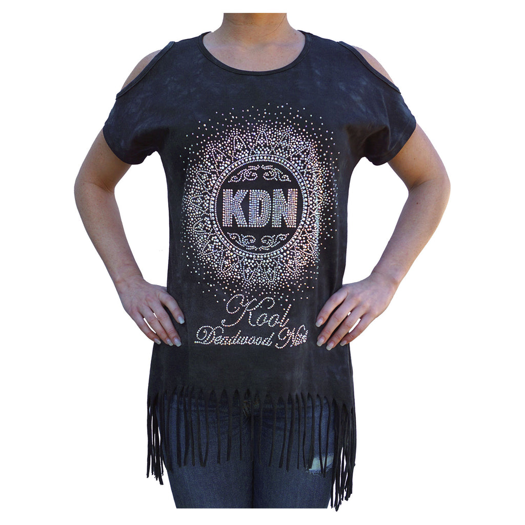 KDN Cascading Burst Midnight Cold Shoulder Fringe Bottom Blouse for Women