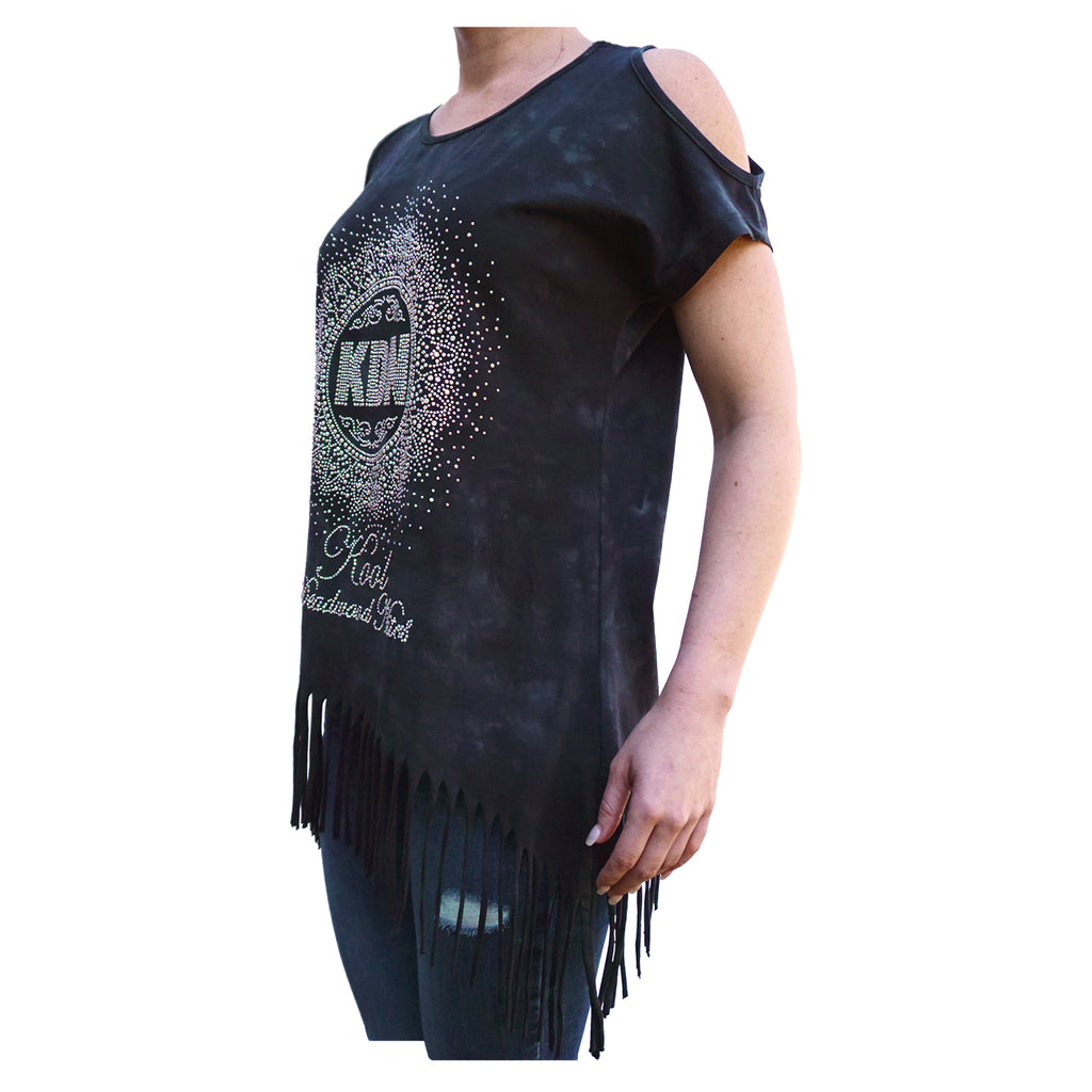 KDN Cascading Burst Midnight Cold Shoulder Fringe Bottom Blouse for Women