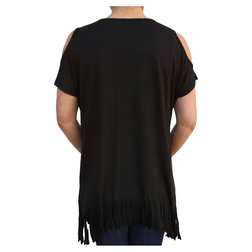 KDN Cascading Burst Black Cold Shoulder Fringe Bottom Blouse for Women