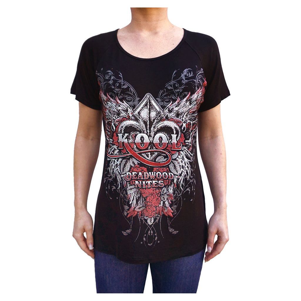 Fleur de Lis & Roses Kool Deadwood Nites Black Draped Raglan T-Shirt