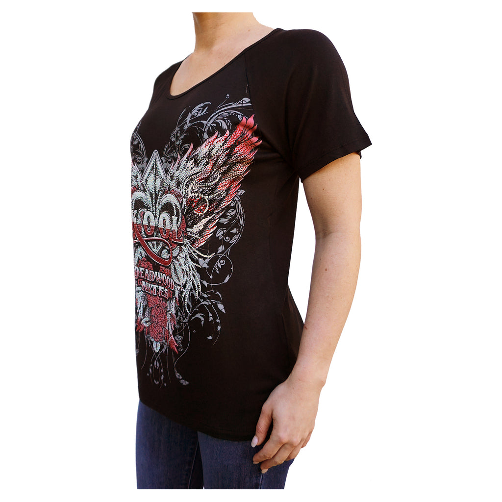 Fleur de Lis & Roses Kool Deadwood Nites Black Draped Raglan T-Shirt