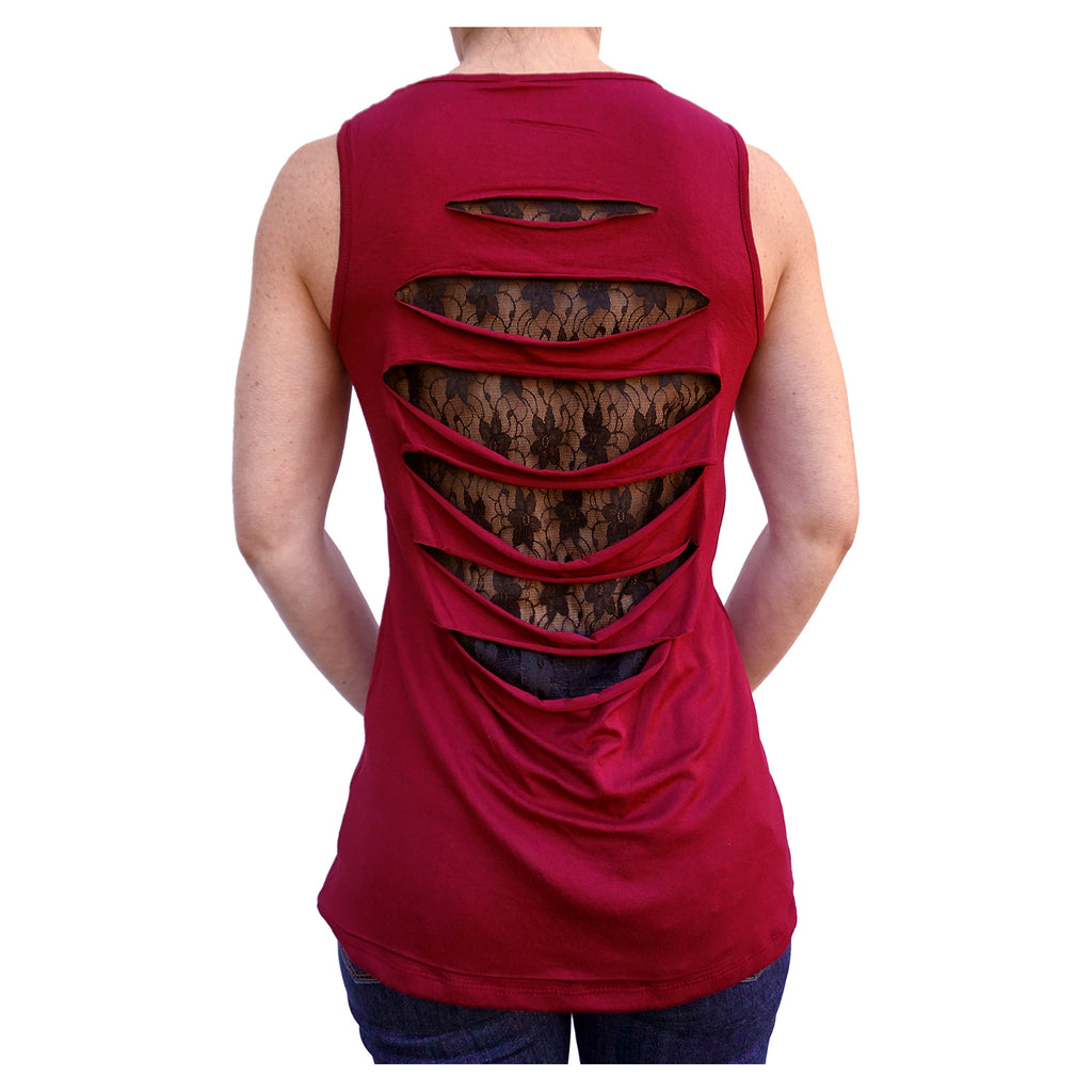 Winged Hot Rod Kool Deadwood Nites Burgundy Open Laced Back Sleeveless Top