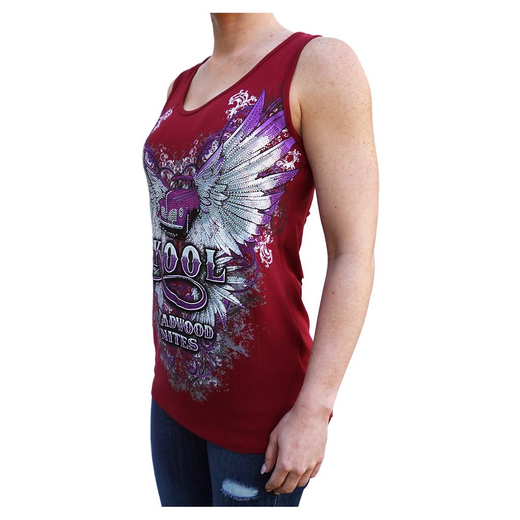 Winged Hot Rod Kool Deadwood Nites Burgundy Open Laced Back Sleeveless Top