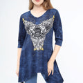Asymmetrical Hem 3/4 Sleeve Tunic Flowy Washed Blue