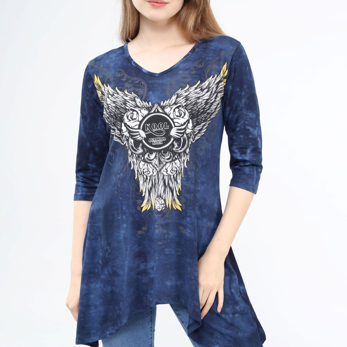 Asymmetrical Hem 3/4 Sleeve Tunic Flowy Washed Blue