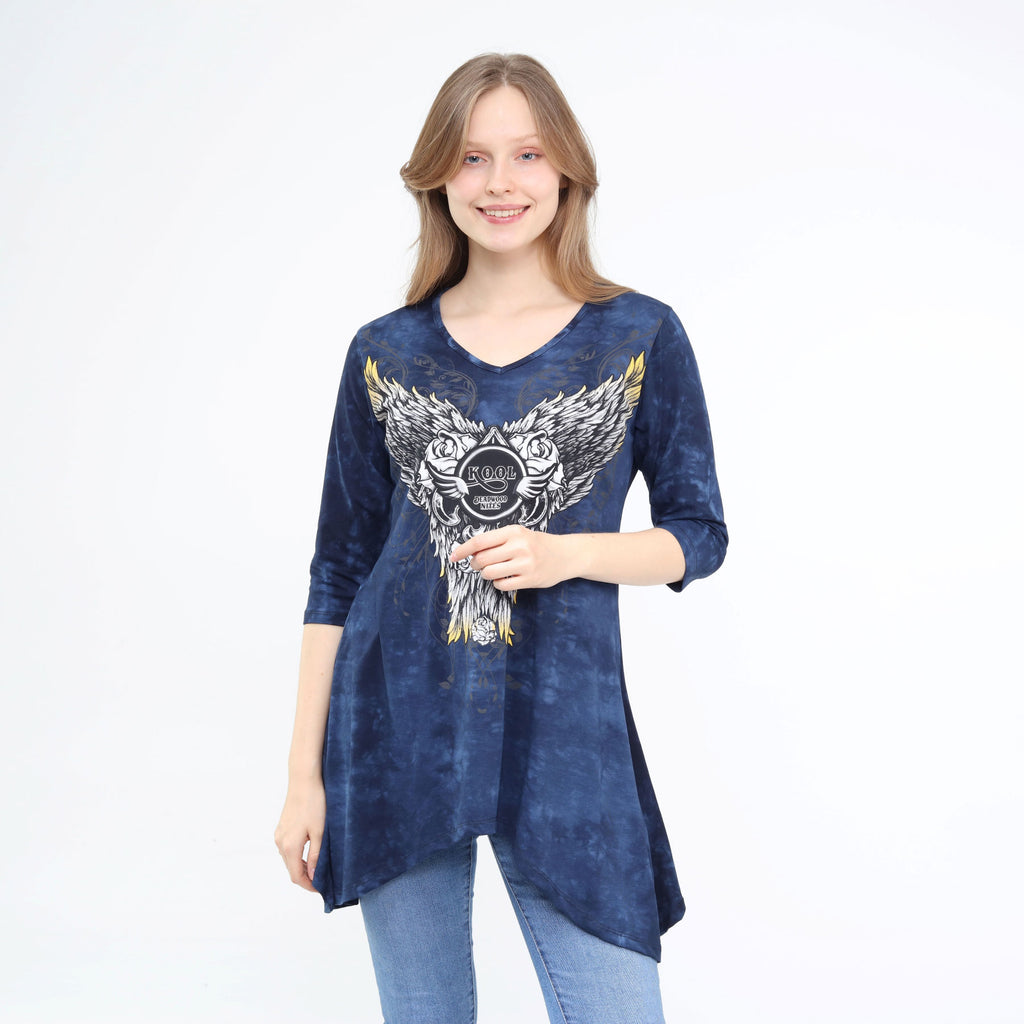 Asymmetrical Hem 3/4 Sleeve Tunic Flowy Washed Blue